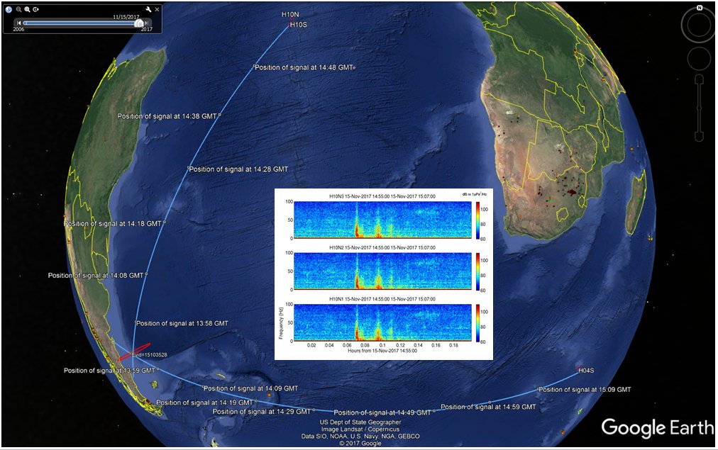 Nuestra red hidroacústica detectó una señal inusual cerca de la última posición conocida del submarino argentino SanJuan.La señal de un evento impulsivo debajo del agua fue detectado 15 nov 13:51 GMT, Lat -46.12 °; Long: -59.69 °.Datos compartidos con autoridades argentinas.
