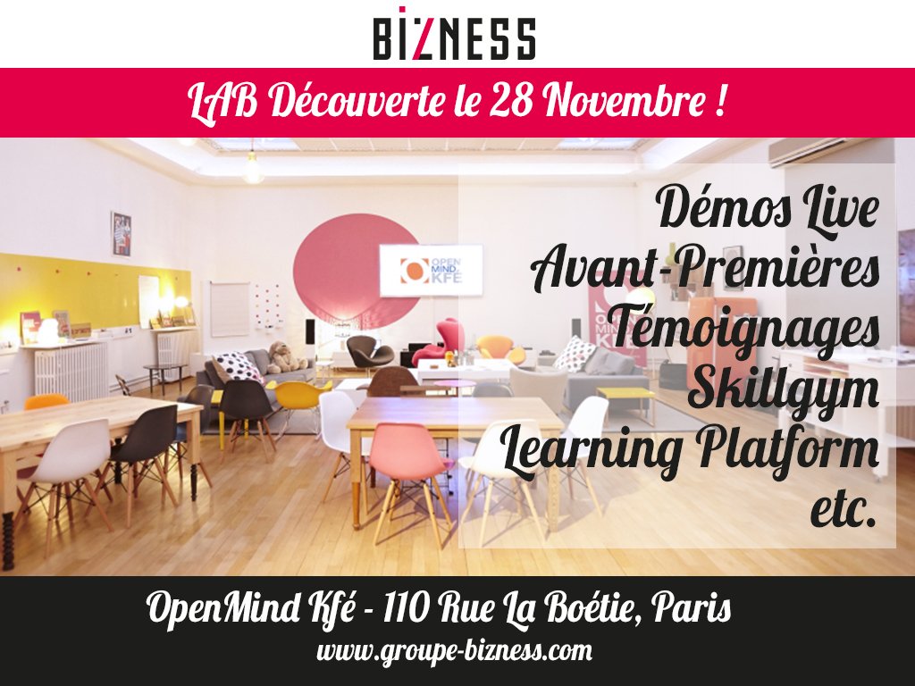 Bizness_Actual's tweet photo. [Portes ouvertes BIZNESS : Mardi 28 Novembre, 12h30 à 15h ] 
Découvrez et testez le n°1 de la formation nouvelle génération à l’Openmind Kfé (110 Rue La Boétie, Paris) 
! #FormationNouvelleGénération #ExperienceForPerformance #Simulateur #IA #VR
https://t.co/iEp9TQcgDh https://t.co/HNokEdVb6F