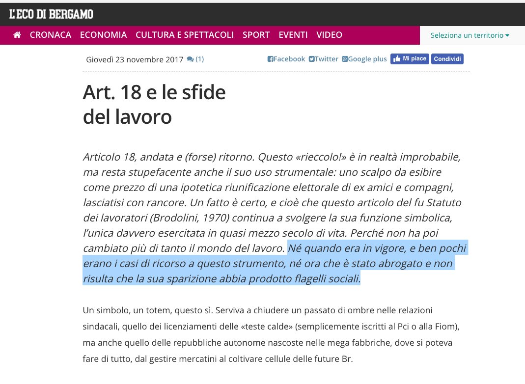 MicheTiraboschi's tweet photo. Avviso ai naviganti: l'#Art18 non è stato abrogato dal #JobsAct, come pure molti pensano e scrivono. L'#Art18 è pienamente in vigore solo non si applica ai nuovi assunti (dal 7 marzo 2015) salvo patto contrario tra le parti o intesa sindacale #DirLav2017 https://t.co/x9sCiqGsGa
