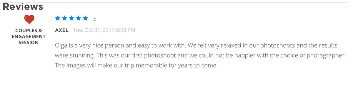 KymaPhoto's tweet photo. Congrats to our Paris photographer Olga for her review on KYMA! To many more! Olga's amazing profile: https://t.co/PKe8u8wOzo
"This was our first photoshoot and we could not be happier with the choice of photographer. The images will make our trip memorable for years." - Axel https://t.co/iiV4OJ6BDn