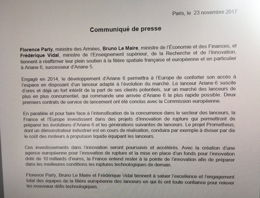 Je salue le soutien du Gouvernement à #Ariane6, projet stratégique pour l'#Europe, lanceur innovant et évolutif, qui assurera la compétitivité de notre industrie et la souveraineté de l'Europe pour l'accès à l'espace.