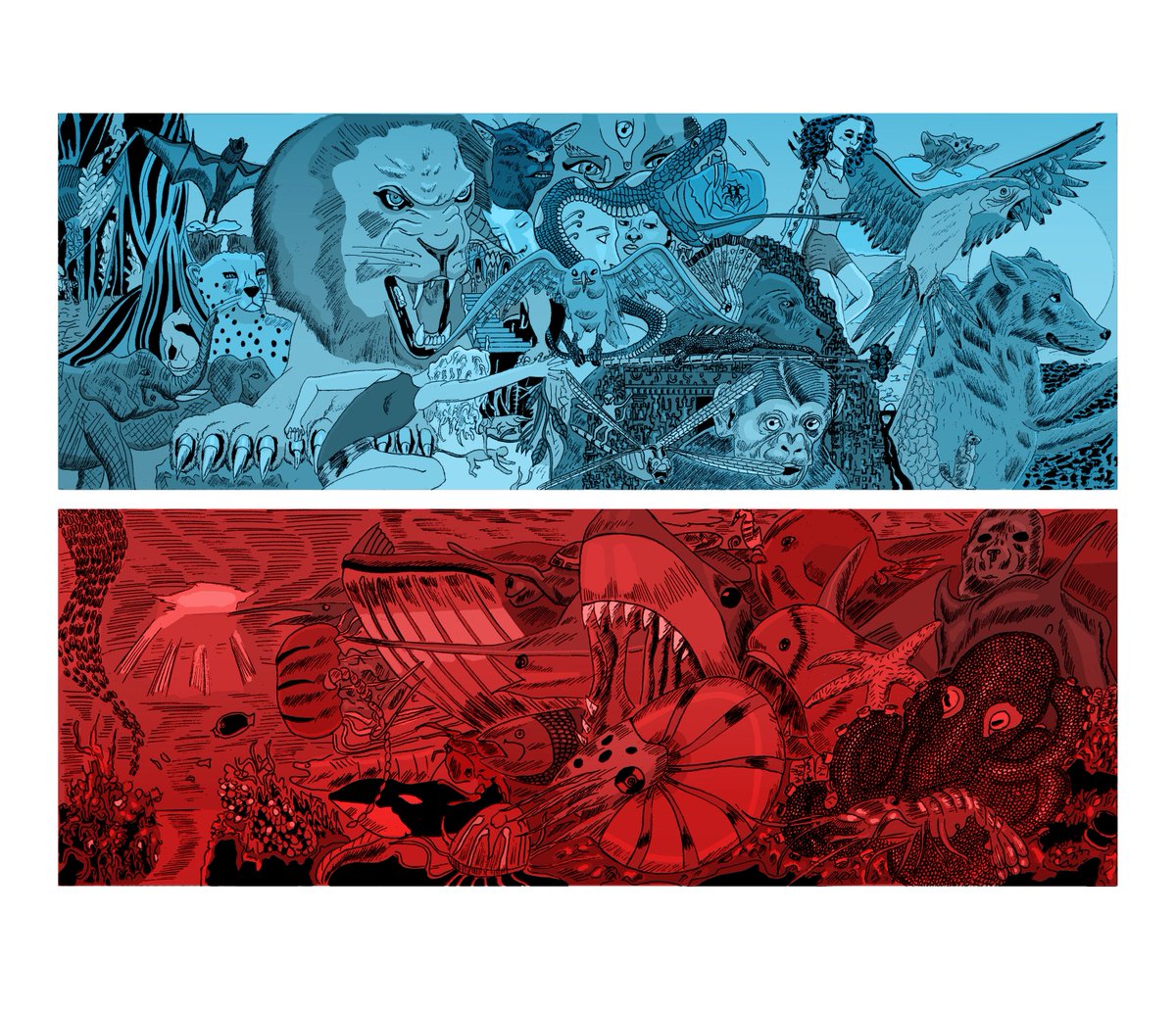 Kataslllustrate's tweet photo. New Artwork - Jungle and Sea
#Jungle #Sea #Lion #Octopus #RedandBlue #Illustration #Sealife #Wolf #Artwork #Art #Whale #Shark #Cheetah #parrot #Mural #elephants #nature #Drawing #Ink #Fish #cats #jellyfish #stafish #artist #Seabed #illustrator #illustrated #handdrawn #Wildlife https://t.co/N7st5rojUK