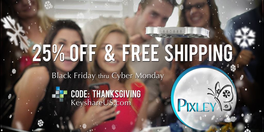 KeyshareUS's tweet photo. Starting at midnight TONIGHT! BLACK FRIDAY SALE Get PIXLEY Mobile Selfie Drone 25% OFF + FREE SHIPPING! Capture the holiday magic! 
#CyberMonday #drones #drone #Camera #Gadget #HolidayGifts #ChristmasGift #GiftForHer #GiftForHim #KidsGifts  #KeyshareUS https://t.co/RgxrV0ib1K https://t.co/zqEWriUytI