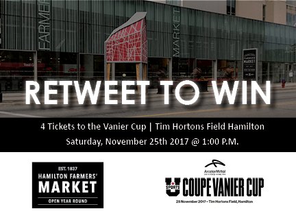 HamOntMarket's tweet photo. RT this for your chance to WIN 4 Tickets to the Vanier Cup. #Vanier53 

Contest closes tonight at midnight #HamOnt https://t.co/Y2oJaynPyJ