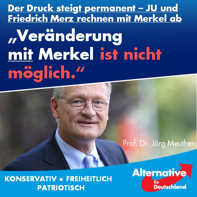 Joerg_Meuthen's tweet photo. Viele Menschen, die der CDU im Vertrauen auf ehemals konservative Werte der Partei ihre Stimme gegeben haben, sehen nun entsetzt, dass Frau Merkel diese Stimmen für ihren linksgrünen Kurs zweckentfremdet.
#AfD
➡️ https://t.co/0iqUm1PSON https://t.co/SNOgGAJUbm