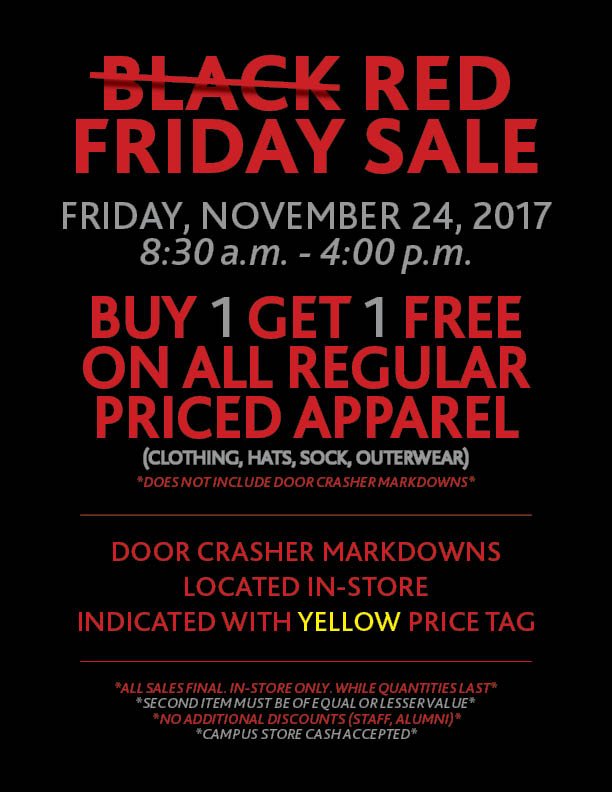 BrockCampusStr's tweet photo. Are you ready for #BrockU Red Friday? Stop by the #CampusStore tomorrow for some great savings. A limited supply of merchandise will also be available for purchase at the #WalkerComplex welcome desk (while quantities last). #WeAreReady #BOGO @BrockUniversity https://t.co/b8HBYDw5ii