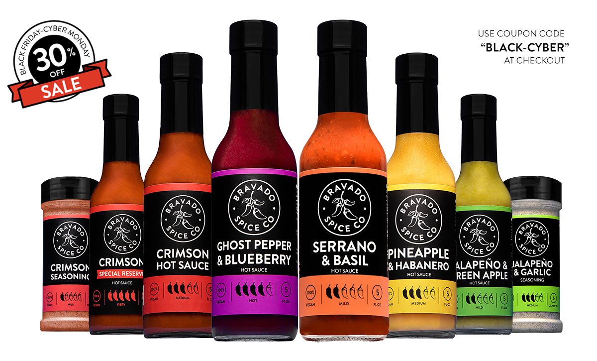 From Thanksgiving to Cyber Monday, take 30% off at BravadoSpice.com with coupon code “BLACK-CYBER”. Go ahead, treat yourself. #TeamBravado #BlackFriday #CyberMonday #Thanksgiving