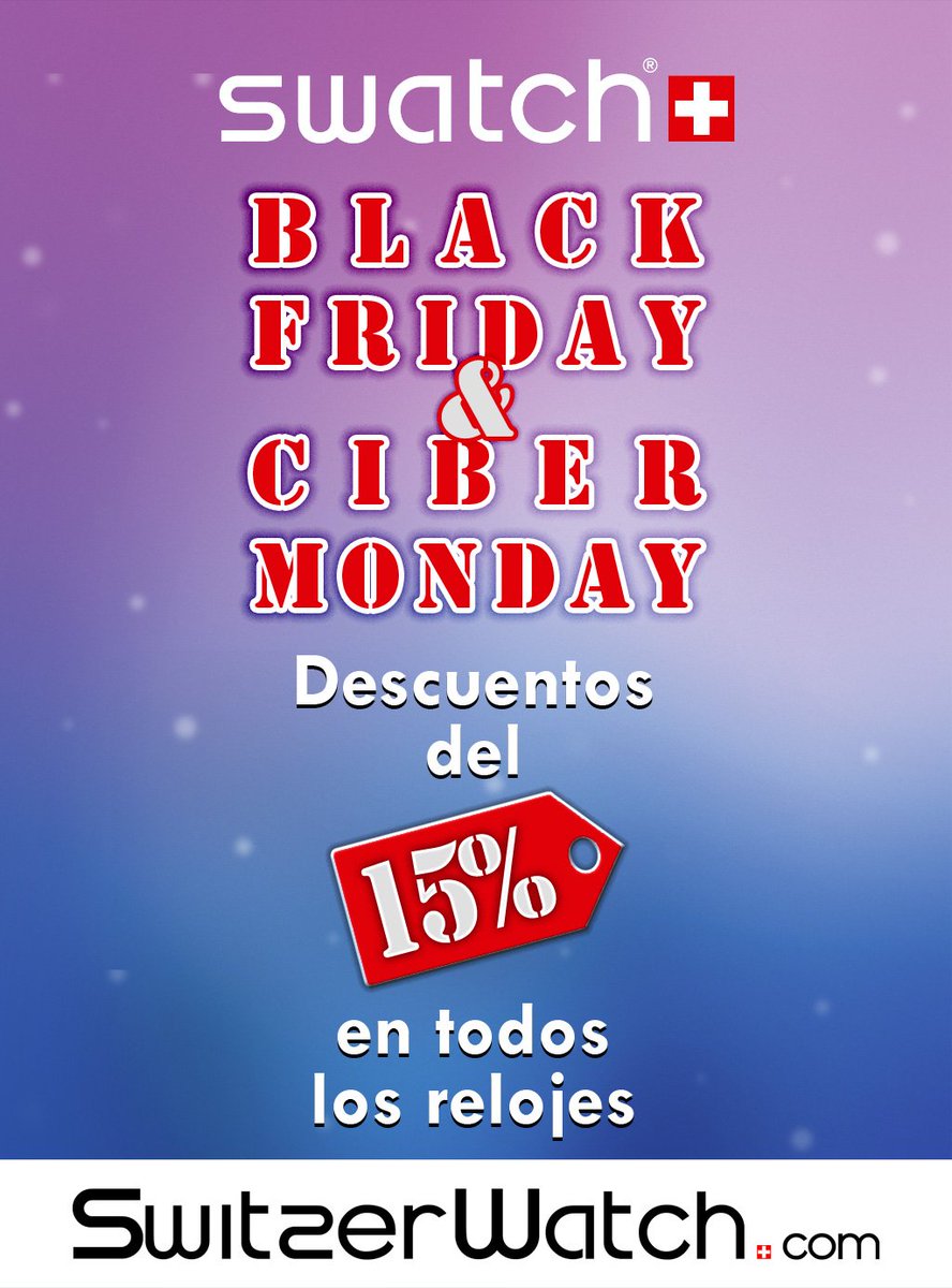 switzerwatch's tweet photo. ¡Celebra Black Friday y Ciber Monday con nosotros! Del viernes 24 al lunes 27 de noviembre todos los relojes Swatch con descuentos del 15%. Las mejores ofertas en https://t.co/hmNyeDgEIh #ofertas #descuentos #swatch #relojes #BlackFriday #cibermonday #findesemana #FelizJueves https://t.co/J4LxTWzAoq