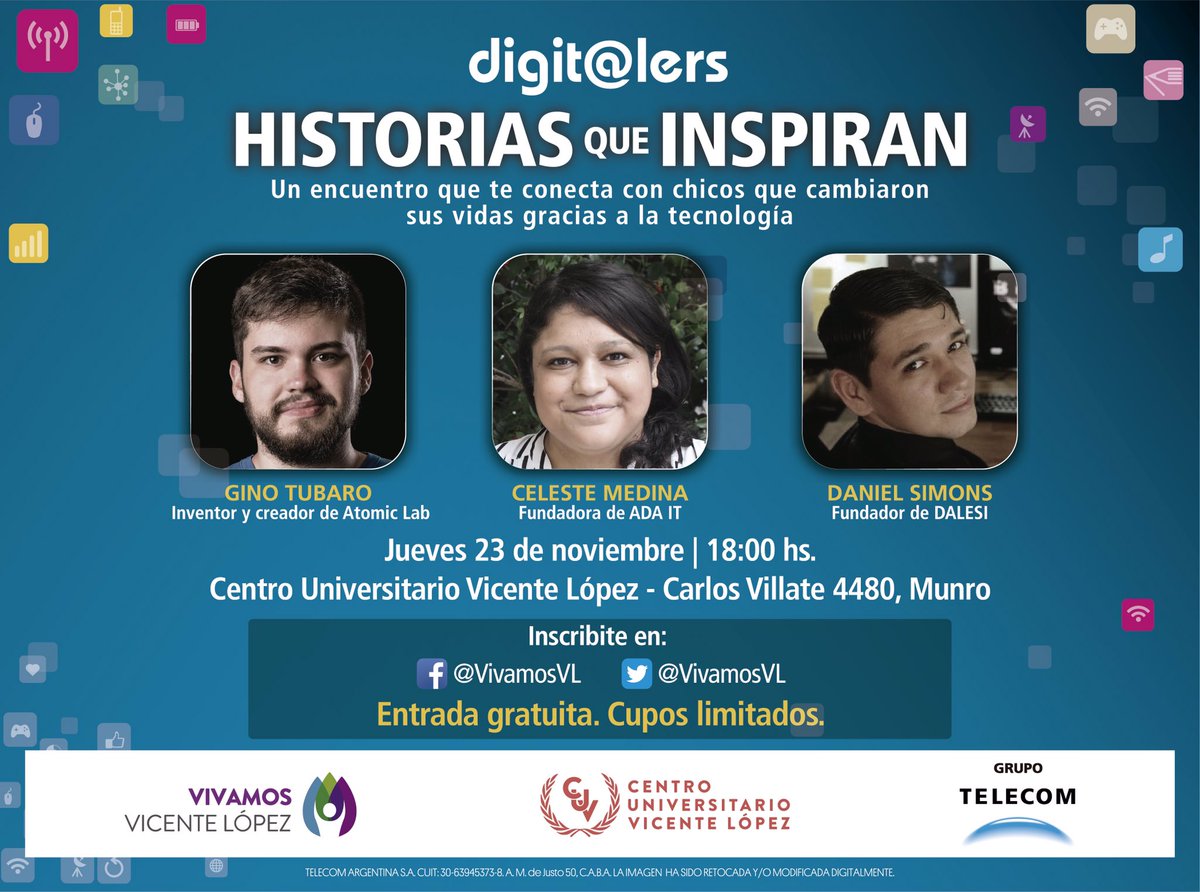 SoyCotyFerrer's tweet photo. HOY! Los esperamos a las 18:00 hs en Carlos Village 4480, Munro, para conocer la historia de @ginotubaro, @celes_medina y @DalesiBildo!
Gracias por difundir!!!
#HistoriasQueInspiran
#GrupoTelecom #RSE #Tecnología https://t.co/Fb1U7Tyod3
