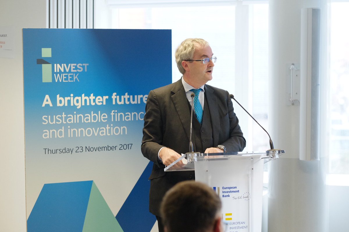 EIB's tweet photo. EIB VP Taylor today at #InvestWeek #SusFinInnov session: "Never before have we seen as many initiatives focused on building a sustainable financial system. On the lending side, the EIB has pledged to provide $100 billion for #climateaction projects in 5-year period to 2020." https://t.co/Pg5DR7p0ck
