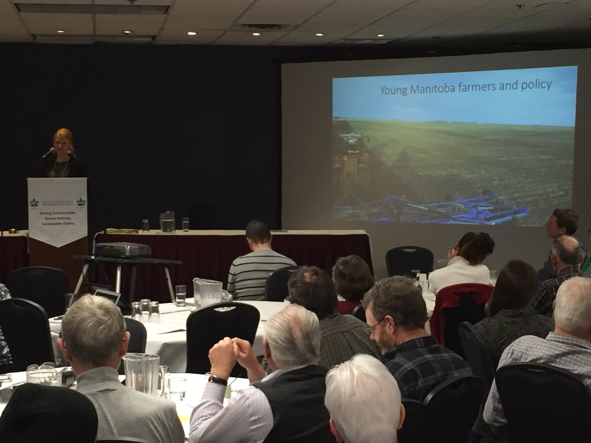 NFUcanada's tweet photo. Great presentations on young farmers studies and perspectives by @EntzMeghan, Anna Korzenszky, @Sarah_Rotz at #NFU48.  Time to turn the page to help new farmers. #cdnagpoli https://t.co/jzrGCMZUmu