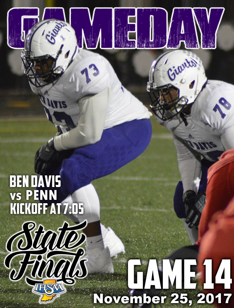 BenDavisFB's tweet photo. Ben Davis vs Penn at Lucas Oil Stadium, Saturday night, 7:05 pm for the 6A state championship! Come support the Giants as we try and complete an undefeated season! https://t.co/WeIwh9dxBt