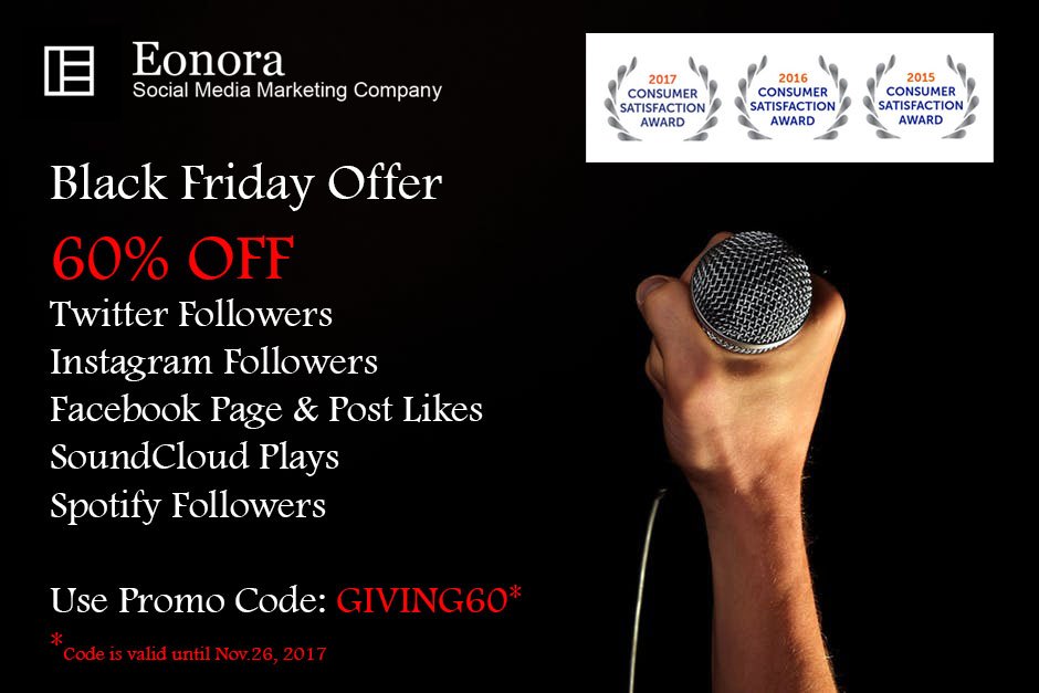 eonoraUS's tweet photo. Black Friday Offer!
60% OFF!
Buy Real, Active Twitter Followers
Buy YouTube Views
Buy Real Soundcloud Plays
Buy Real Facebook Page &amp; Post Likes
Buy Active Instagram Followers 
Buy Spotify Followers
https://t.co/0AhUqI2mIn

Happy Thanksgiving! 

#BlackFriday #BlackFridayDeals https://t.co/tfCi4pq1cv