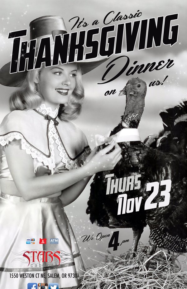 StarsinSalem's tweet photo. Happy Thanksgiving! Don't spend the holiday alone. Join us for a free turkey dinner tonight! We open at 4pm. Have a wonderful day! https://t.co/HSRu8rw051