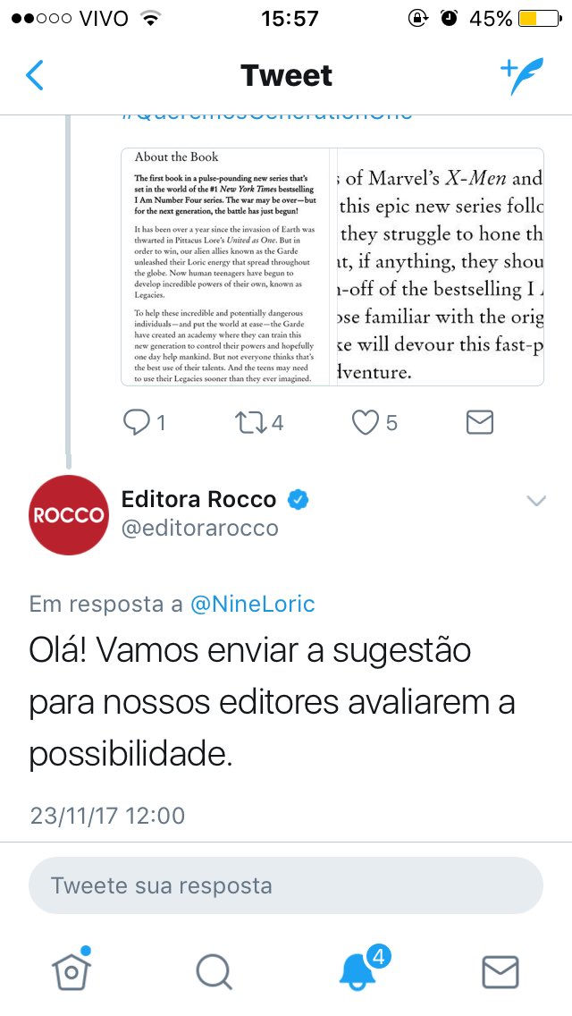 LorienBrasil's tweet photo. A EDITORA ROCCO TAMBÉM RESPONDEU!!! #QueremosGenerationOne (Engraçado que as editoras só responderam os tweets que o @NineLoric mandou, acho que a beleza dele nos ajudou) https://t.co/ebW3hlQvp2