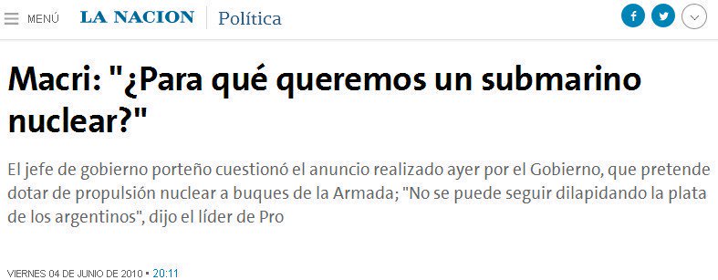 ArgentinaARG's tweet photo. Macri en 2010, cuando consideraba un tiradero de plata la propulsión nuclear de los buques de la Armada #SubmarinoARASanJuan https://t.co/WlLRN8P2gj