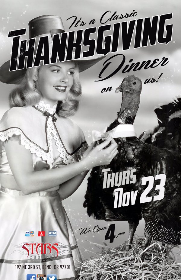 StarsPDX's tweet photo. Happy Thanksgiving! All 3 Stars Cabaret Clubs are open today at 4pm and serving a free turkey dinner. Join us! Have a great holiday! #Bend #Salem #Bridgeport #starscabaret https://t.co/y4b8VAhj6O