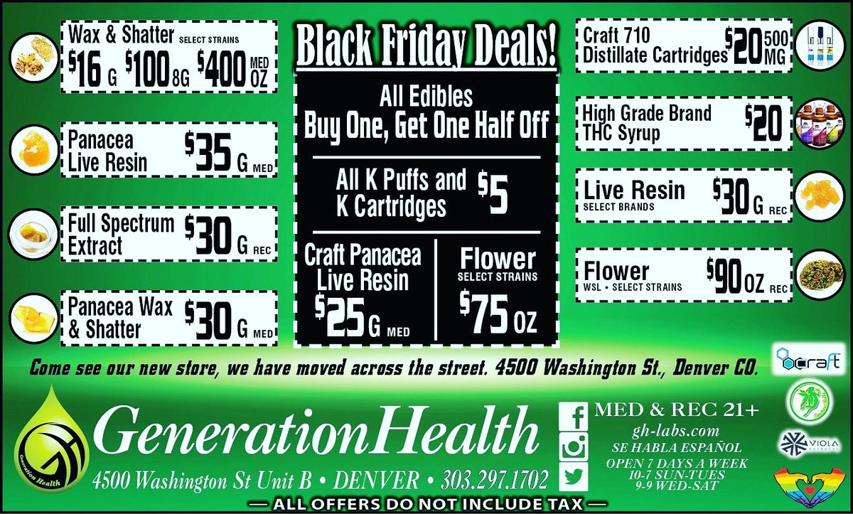 GHLabsDenver's tweet photo. Black Friday Specials!!!!!!!!!!!!
GENERATION HEALT OFFICIAL
#like #share #wow #craftpanacea #710craft #$75oz #💨💨💨💨🔥🔥🔥🙌🙌👊 #🙌 #Distillate #Sesh #Tincturebell #🔔 #KeefCola #CannaPunch #👊 #HighGradeSyrup
#CANNABISQUEENJerky  #1906 #Pot Pies #RockinStyle #RockinExtras https://t.co/60QBzVCChB