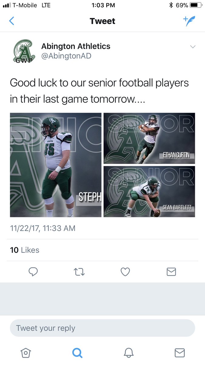 nick_derbes's tweet photo. Shout out to @AbingtonAD who recognized every senior football player except my younger brother #classymove https://t.co/IJwu2CO3Ze
