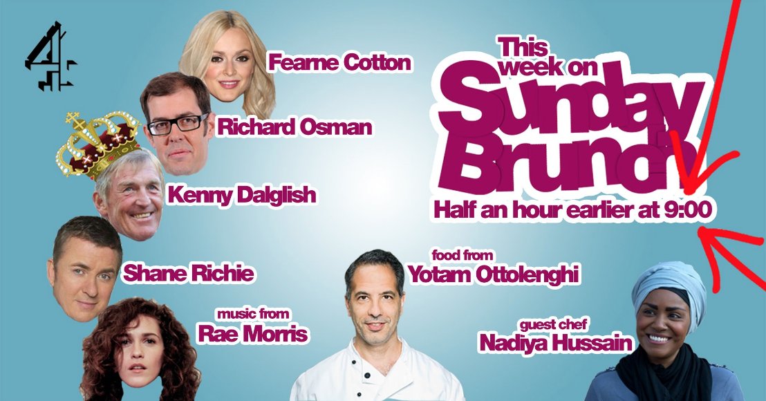 Today <a href="/kennethdalglish/">Sir Kenny Dalglish</a> <a href="/Fearnecotton/">fearne cotton</a>, <a href="/richardosman/">Richard Osman</a>, <a href="/realshanerichie/">Shane Richie</a>, <a href="/ottolenghi/">Ottolenghi</a>, <a href="/BegumNadiya/">Nadiya Jamir Hussain</a> &amp; <a href="/raemorrismusic/">Rae Morris</a>  all join the boys <a href="/timlovejoy/">Tim Lovejoy</a> &amp; <a href="/simonrim/">simonrimmer</a> in the studio for <a href="/SundayBrunchC4/">Sunday Brunch</a> ! Excited much! Join them at 9am on <a href="/Channel4/">Channel 4</a> !