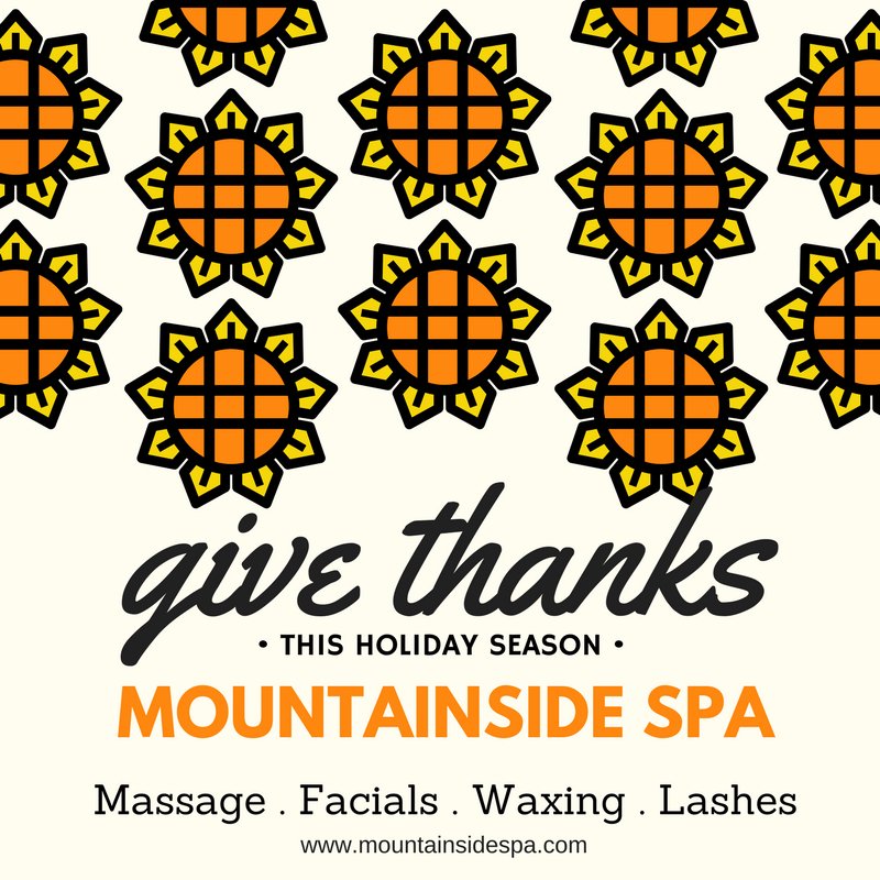 MountainsideSpa's tweet photo. HAPPY THANKSGIVING FROM MOUNTAINSIDE SPA
#utahspa #mountainsidespa #massage #facials #bodytreatments #waxing #lashes #bookonline https://t.co/i490NVHM8j https://t.co/0ejnoD8KLr