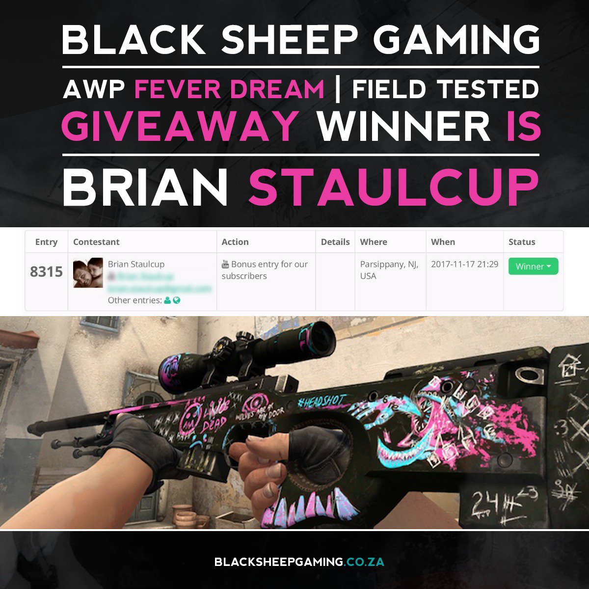 BlackSheepGG's tweet photo. And the winner of our AWP giveaway is Brian Staulcup. Congratulations #BlackSheepGG https://t.co/HCXe789akp