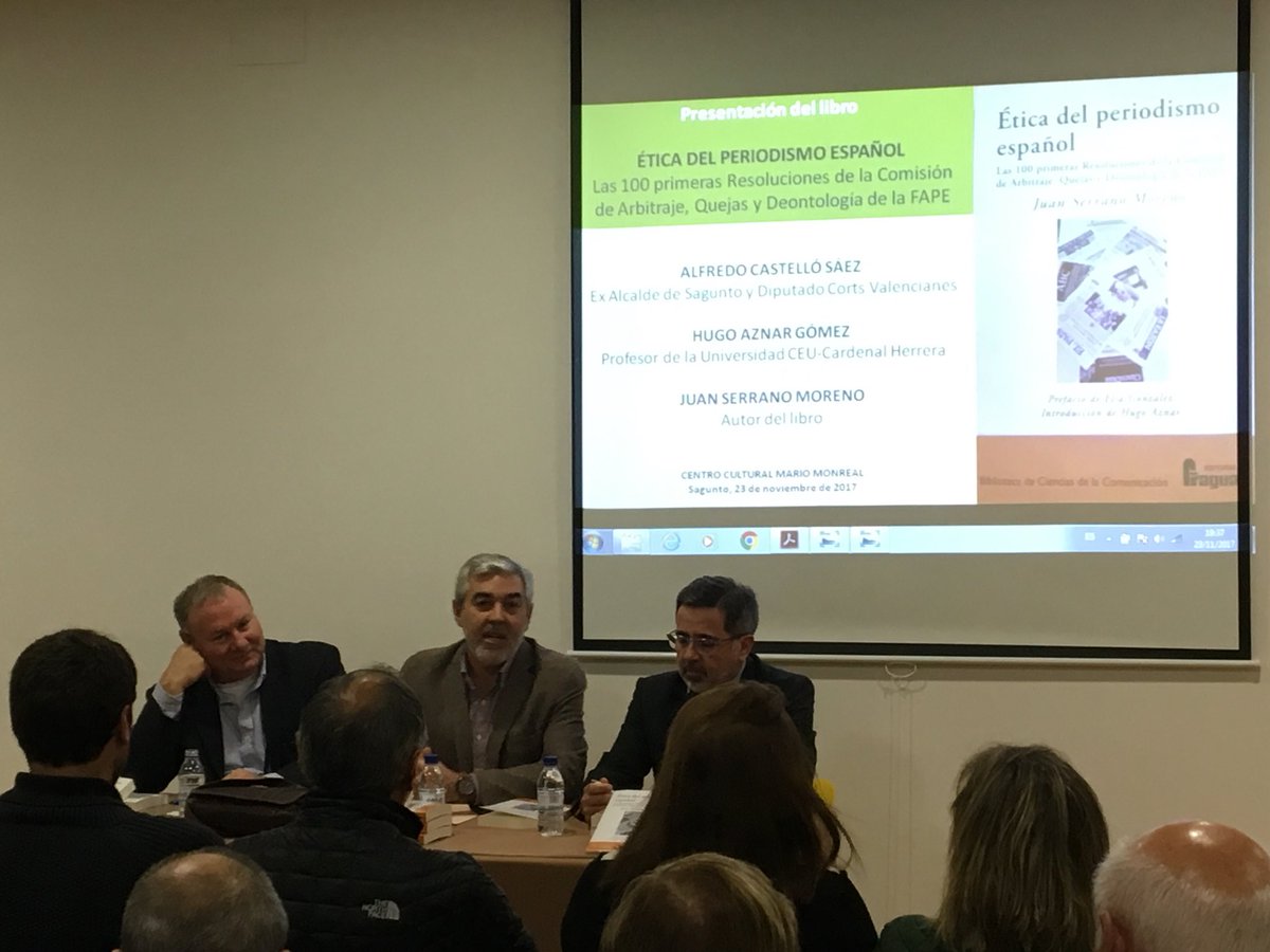 javiermatoses's tweet photo. En la presentación del libro “Ética del periodismo español” del compañero y amigo @juanserrano64 presentado por Hugo Aznar . Tema tan importante y necesario para la  significación de la profesión #periodismo https://t.co/FN60IcTxNE