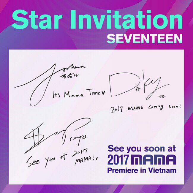 FanSEVENTEEN_FR's tweet photo. [2017 MAMA]
Invitation de Star par #SEVENTEEN !
On se voit aux <2017 MAMA Premiere in Vietnam> le 25 Novembre 2017 au Théâtre Hoa Binh !!

[TRADUCTION DES INVITATIONS]
💎 S.Coups: On se voit aux 2017 MAMA !❤
💎 JeongHan: C'est le MAMA TIME!! ❤❤
...https://t.co/2h2JRc3CsP https://t.co/wmhY7P13jk