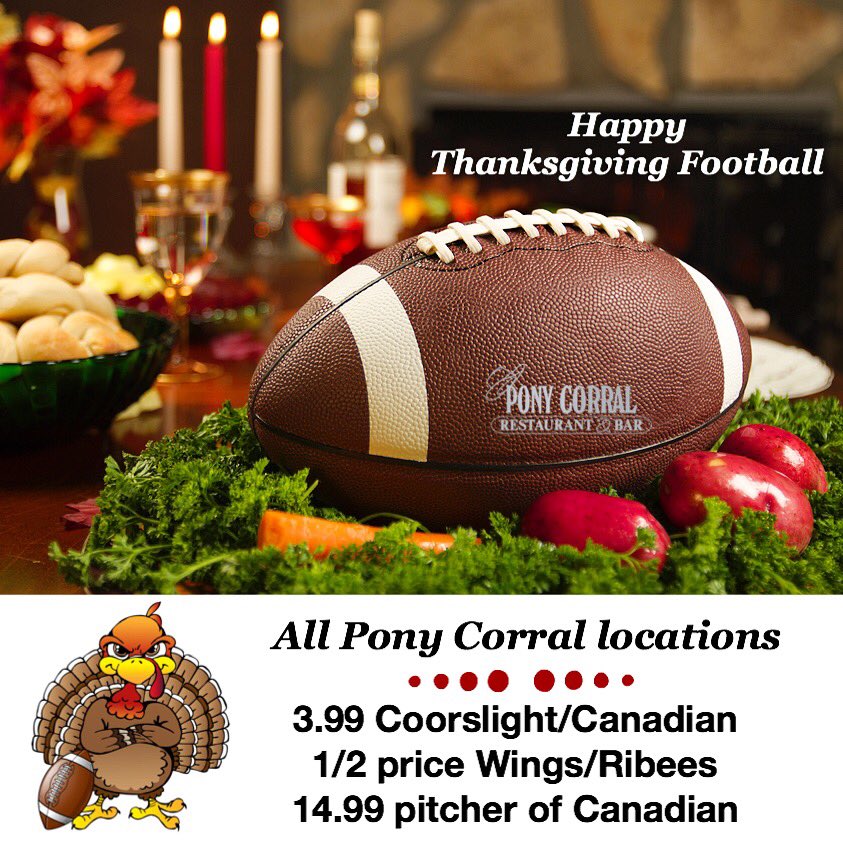 PonyCorral's tweet photo. Watch "Thanksgiving Football" on big HD screens at your favorite #PonyCorral 🏈 Enjoy 1/2 price #wings &amp; #ribees 3.99 #coorslight #molsoncanadian 🍺 #ponycorralgrant #ponycorraldowntown #ponycorralpembina #ponycorralnairn https://t.co/WjtSMXLkh8