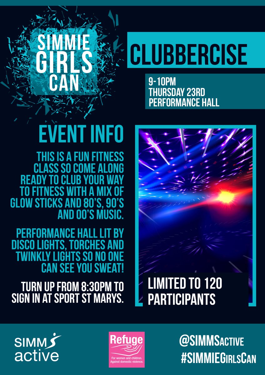 #SIMMIEGirlsCan Clubbercise on tonight 9-10pm in the Performance Hall!  All in aid of <a href="/RefugeCharity/">Refuge</a>