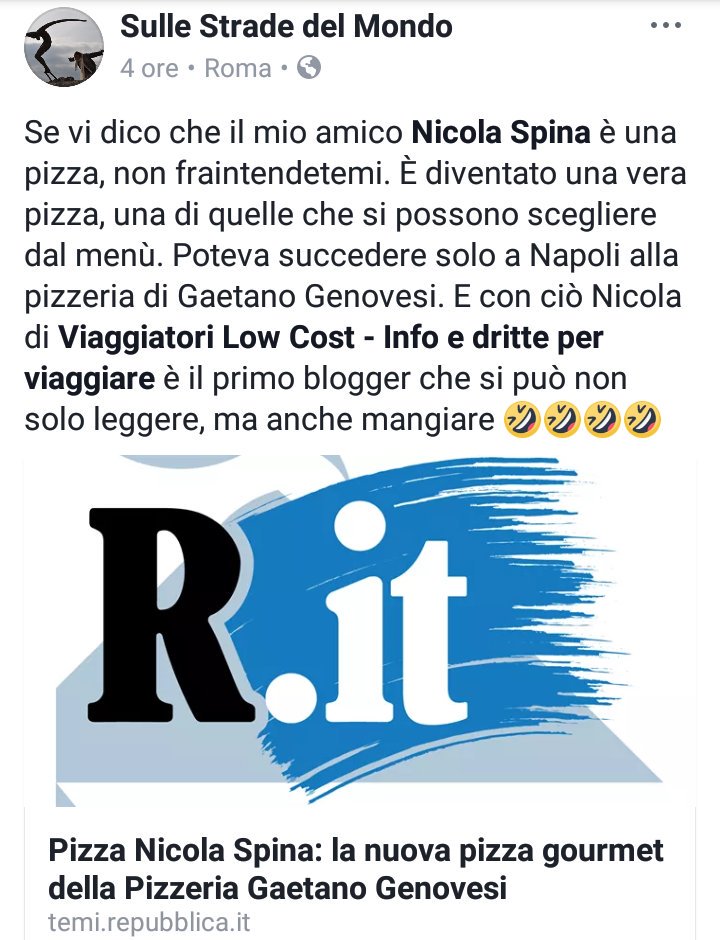 Conoscete <a href="/VLCIT/">Viaggiatori Low Cost</a>? Da oggi lo trovate anche in pizzeria... ma proprio nel piatto, perché il famoso Gaetano Genovesi gli ha dedicato una pizza temi.repubblica.it/repubblicanapo… e ne parla pure <a href="/repubblica/">Repubblica</a>!