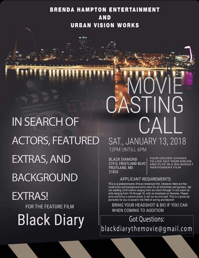 MMHPromotions's tweet photo. Hey! Did you hear about Brenda Hampton Entertainment &amp; Urban Vision Works movie casting call? Saturday, January 13, 2018 Brenda Hampton Entertainment &amp; Urban Works are in search of Actors, featured extras, and background extras for the featured film " Black Diary". https://t.co/Zf0R5BXrIP