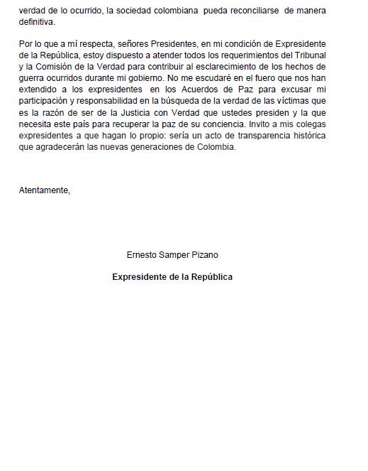 ernestosamperp's tweet photo. En mi condición de Expresidente de la República, estoy dispuesto a atender todos los requerimientos del Tribunal para la #Paz y la Comisión de la Verdad para contribuir al esclarecimiento de los hechos de guerra ocurridos durante mi gobierno https://t.co/0C60zBwoAq