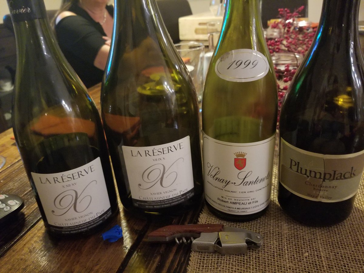 <a href="/Xaviervins/">Xavier Vignon</a> @bob_cabral <a href="/orlandowinegirl/">Adrienne Marie</a> <a href="/Syrah_Queen/">Rupal Shankar</a>  this was the thanksgiving dinner line up. Plus a 3 sticks pinot Blanco before dinner. Happy thanksgiving