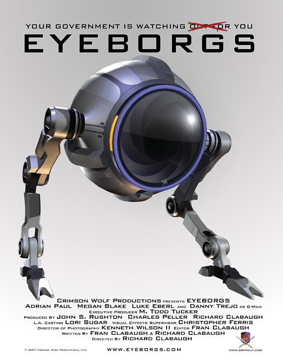 movie poster of "eyeborgs", shoing a small sphere shaped camera with 2 little legs