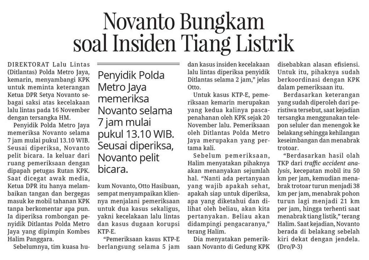 AbunawarBima's tweet photo. Hasil olah TKP: Kecepatan mobil 50 km/jam, kemudian menabrak trotoar turun 38 km/jam, menabrak pohon turun lagi 21 km/jam, hingga terhenti ketika menabrak tiang listik, Saat kejadian, SN berada di belakang sebelah kiri dekat jendela.
#EpaperMI #KPK #Tipikor #TiangListrik https://t.co/5LnJdgQkI1