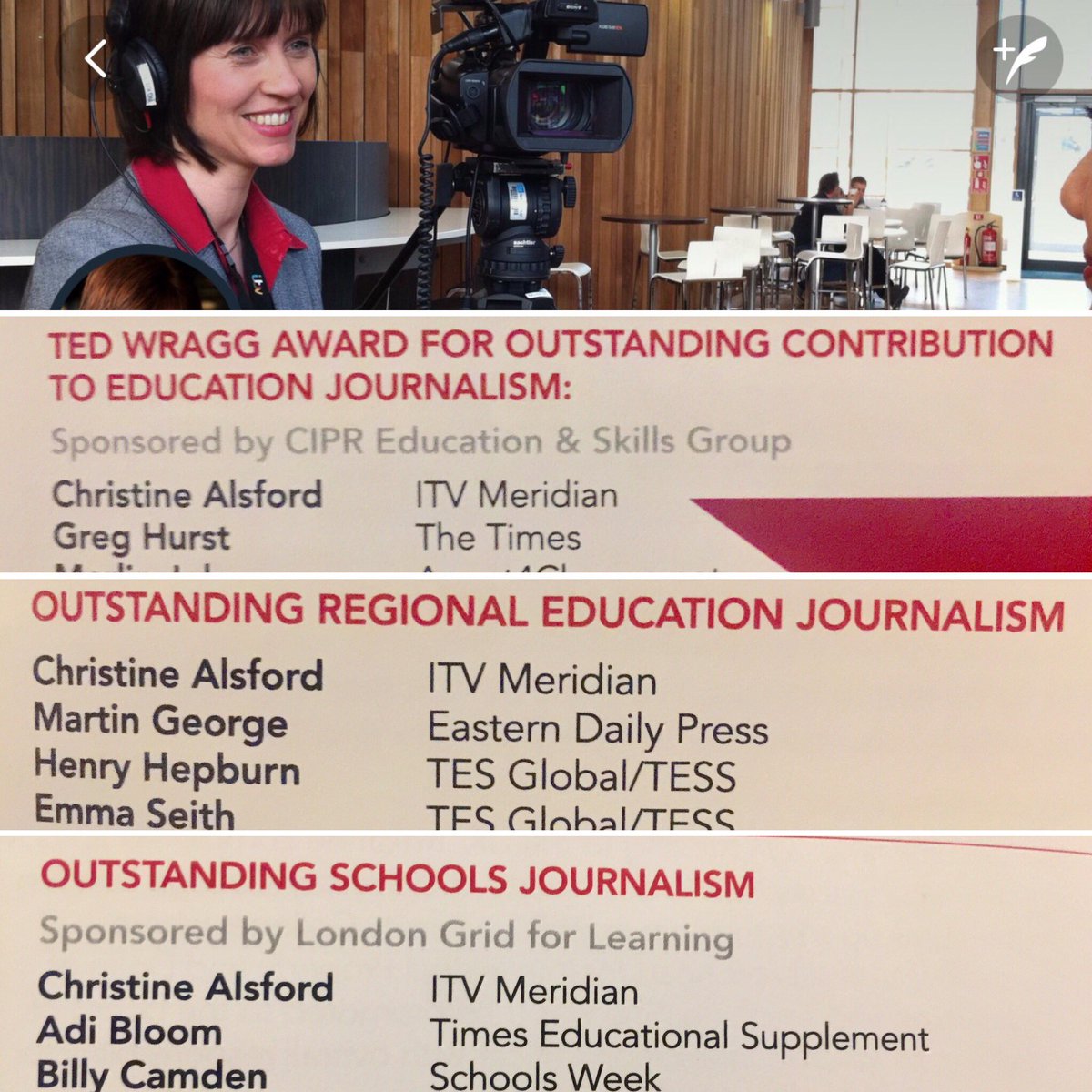 Good luck to Christine Alsford up for three awards at the national Educational Journalism Awards 2017 #ciprneja @CAlsfordITV @itvmeridian @GuyPhillipsITV @itvnews