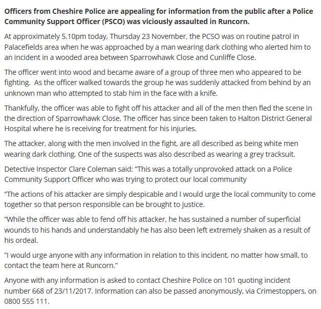 BREAKING: full details on PCSO attack in Runcorn tonight.