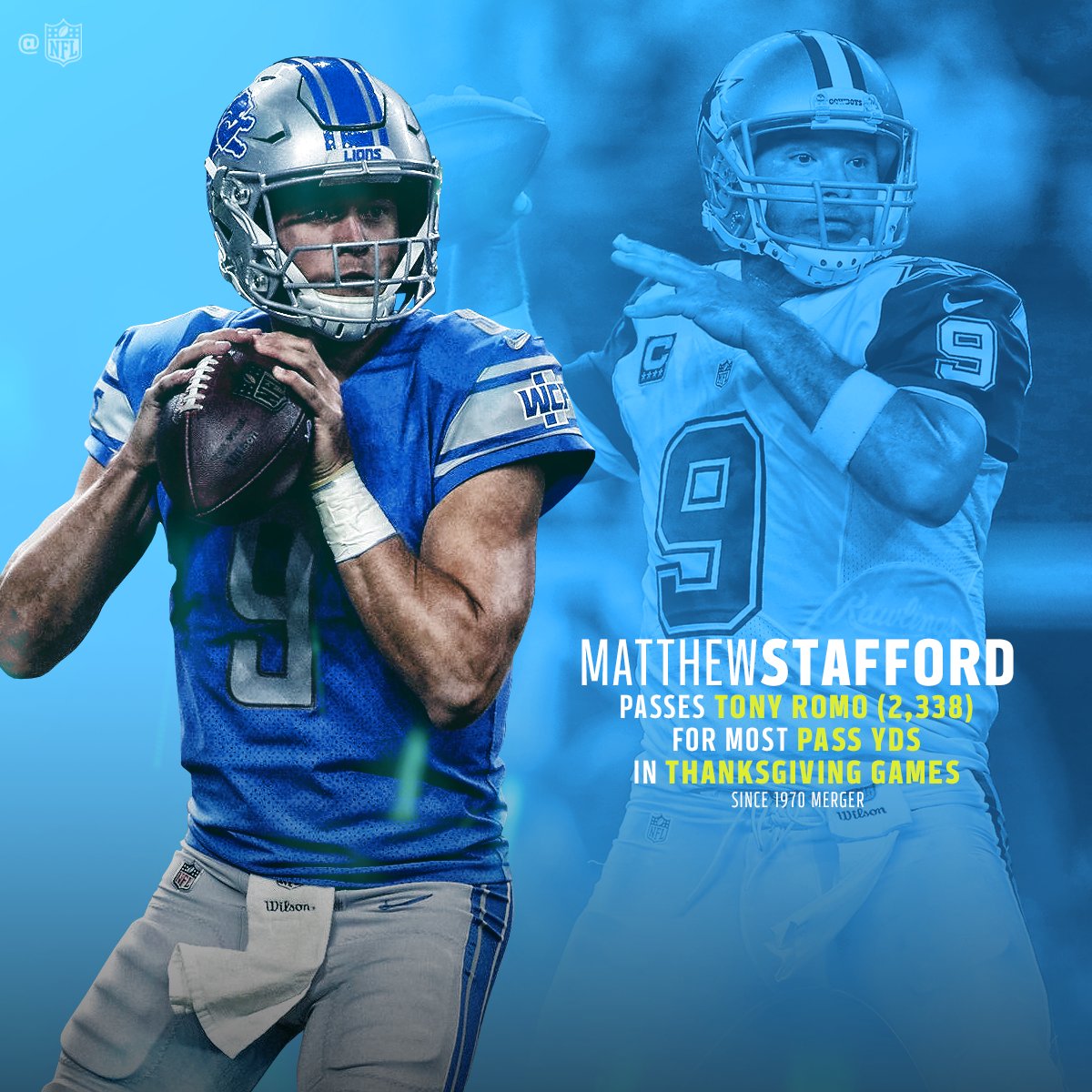 NFL's tweet photo. Nobody's thrown for more yards on Thanksgiving than Matthew Stafford! 🦃🏈 #OnePride https://t.co/4Dy1gSSXwI