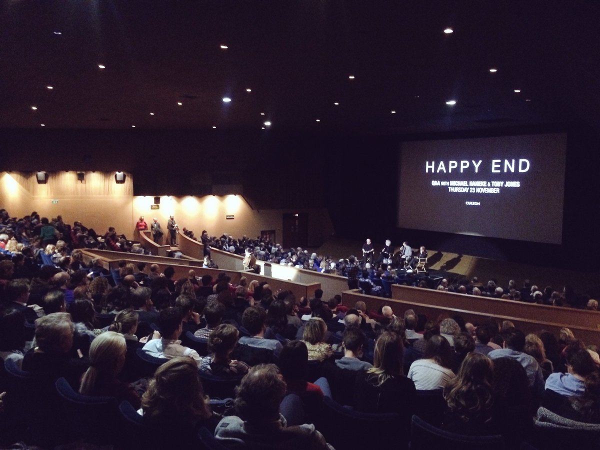 HappyEndFilm's tweet photo. #MichaelHaneke and #TobyJones on stage at the #HappyEnd Q&amp;A talking about Snapchat, Calais and Chekhov. https://t.co/y0dSW8vppc