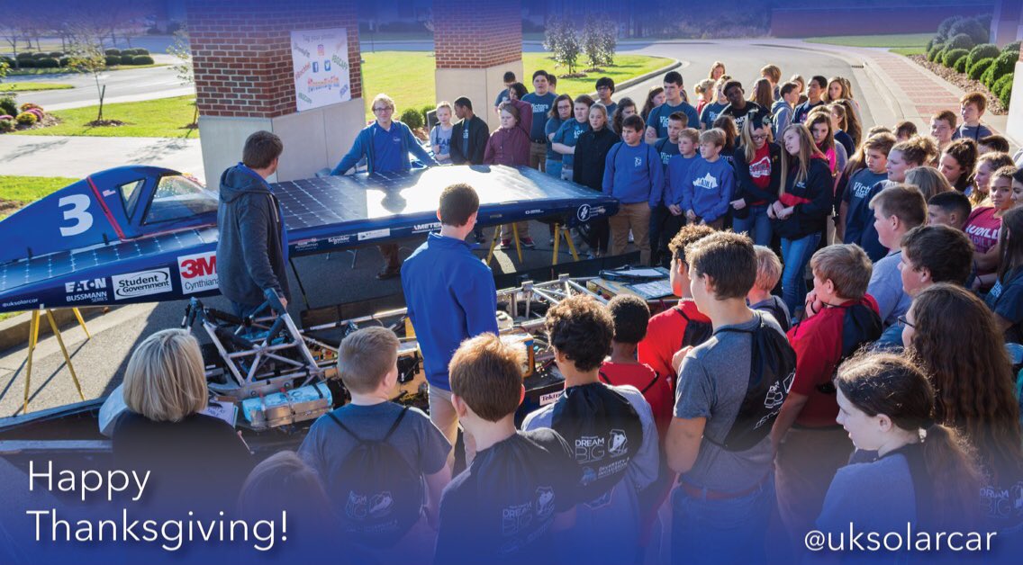 UKSolarCar's tweet photo. Happy Thanksgiving! Thank you all for continuously supporting us. We appreciate it so much, and we cannot wait to see what we can do with Gato VI! #seeblue

#solarcar  #kentucky #STEM #thanksgiving https://t.co/SjUZ2kGvXt