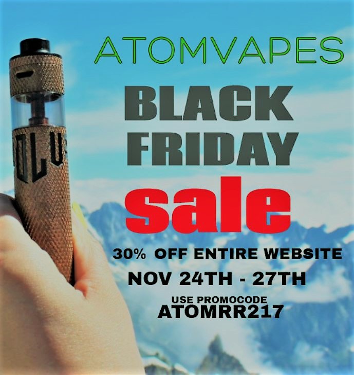 Atom_Vapes's tweet photo. BLACK FRIDAY SALE #BLACKFRIDAY #ATOMVAPES #VAPESALE #THANKSGIVING #CYBERMONDAY #RR2 #SALE #VAPEFAM 
https://t.co/PUKvyXe2xm https://t.co/UBgDr2AvtA