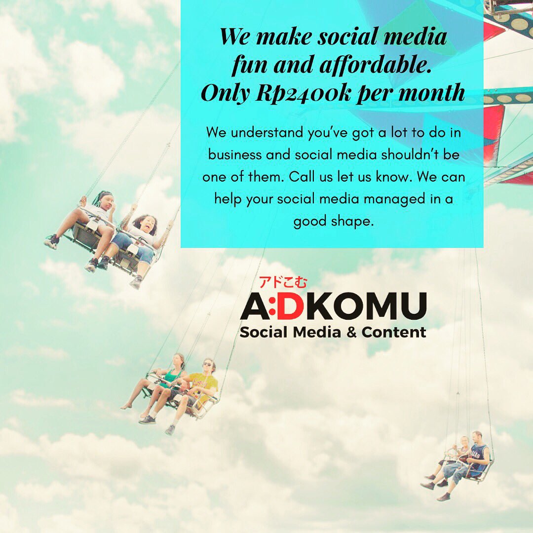 Adkomu's tweet photo. We make social media fun and affordable. Only Rp2,400k per month. Only at https://t.co/AvrYFBdbmq. 
#social #socialmedia #content  #socialmediamarketing #designer #web #brand #agency #consulting #consultation #jakarta #indonesia #iklan #bisnis #Facebook #Instagram #Twitter #Post https://t.co/3ICZG5uYpJ