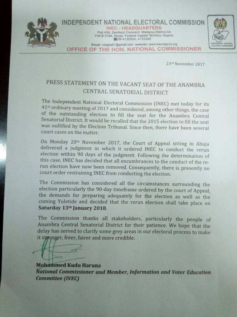 Independent National Electoral Commission [INEC] was warned to stay off Anambra Election pending the determination of the outstanding 6 cases. 