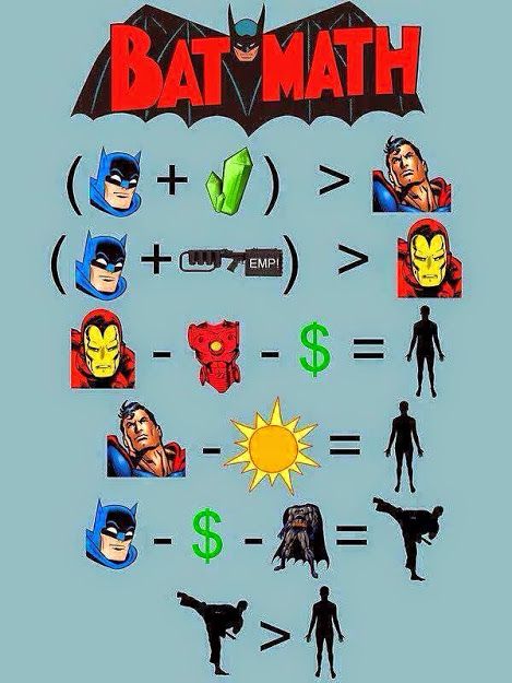 ShadowWelch's tweet photo. @w_vickers11 @justiceleaguewb @Marvel @Iron_Man @BenAffleck @RobertDowneyJr @SuperheroPOLL @GOATfilmpodcast @superheromt @moviedoctor22 @TheFliteCast @MyDailyGeek1 @20thCenturyGeek @ManOfSteel37013 @Superfan_K @FictionFight @GeekVibesNation @AquaticQueenM @FionnCollins @AlfredMurphy5 @nerdy_canadians @CrisMovieCorner @ScottDC27 @AQUA1AQ @Resist_Disney @Nerd_News01 @GMCpodcast @DT2ComicsChat @WeirdNPissdOff @WrongwayJr @atrocitus83 @BruceWayne5150 @triphopmat @Outcastsince94 @neobrycee Let me show you some #BatMath picture.
Take away the Iron man suit and Tony Stark is a man.
Take away the Batman gadgets and armor... You still have a man that knows Martial arts. https://t.co/08fKmcu0pN