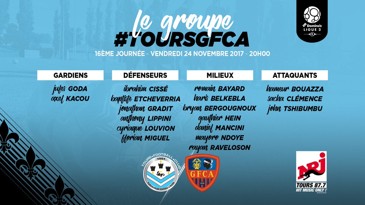 ToursFC's tweet image. 👤 Le groupe 🔵⚫️ présenté par @NRJTOURS37
👉 @RavelosonR22 et Anthony #Lippini sont de retour !
🗓 J16 - @DominosLigue2
➡ #TOURSGFCA