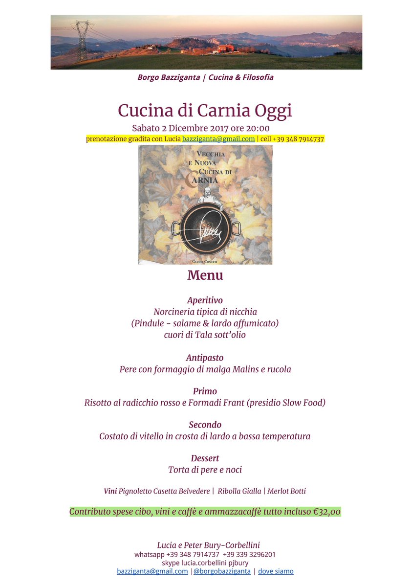 borgobazziganta's tweet photo. Sabato prossimo già la 8essima Carnia Felix "Cucina di Carnia Oggi". #socialeating #slowfood #convivialità da Lucia nei #collibolognesi #bologna. #prenotazionenecessaria #eatwith #vizeat #gnammo https://t.co/5YAcbLTg5A