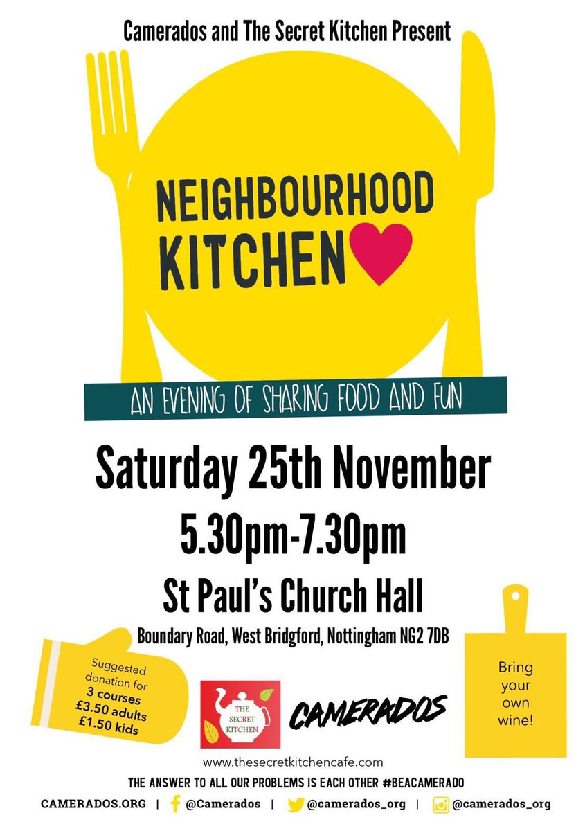 Camerados_org's tweet photo. ✨We’ve got another Neighbourhood Kitchen event for you!✨ Don’t worry if you’re not in Oxford for tomorrow’s...there’s one in Nottingham this Saturday!! #socialeating #secretkitchen #food #people #camerados #saturdaynight #nottingham https://t.co/xFca6h1IKt