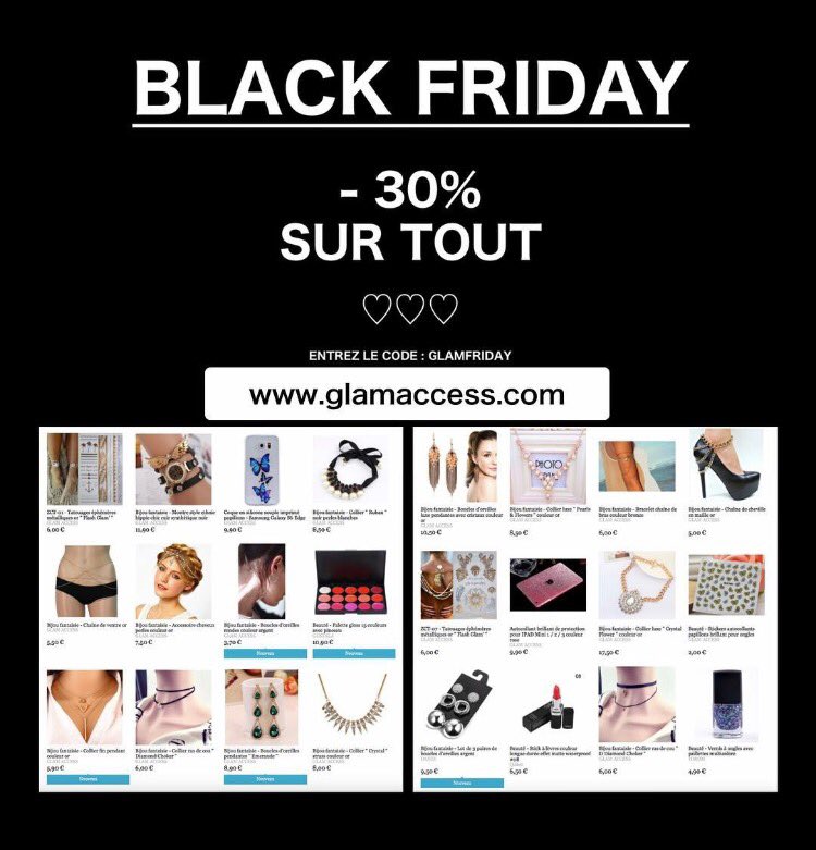 lambertsebas's tweet image. CE SOIR MINUIT (heure parisienne) : BLACK FRIDAY ! 

Profitez de -30% sur TOUT le site, même les nouveautés ! 😍🤗
Rentrez le code 💝GLAMFRIDAY💝
Offre valable tout le week-end
Livraison gratuite dès 40 euros d’achats 😉
Boutique en ligne : glamaccess.com