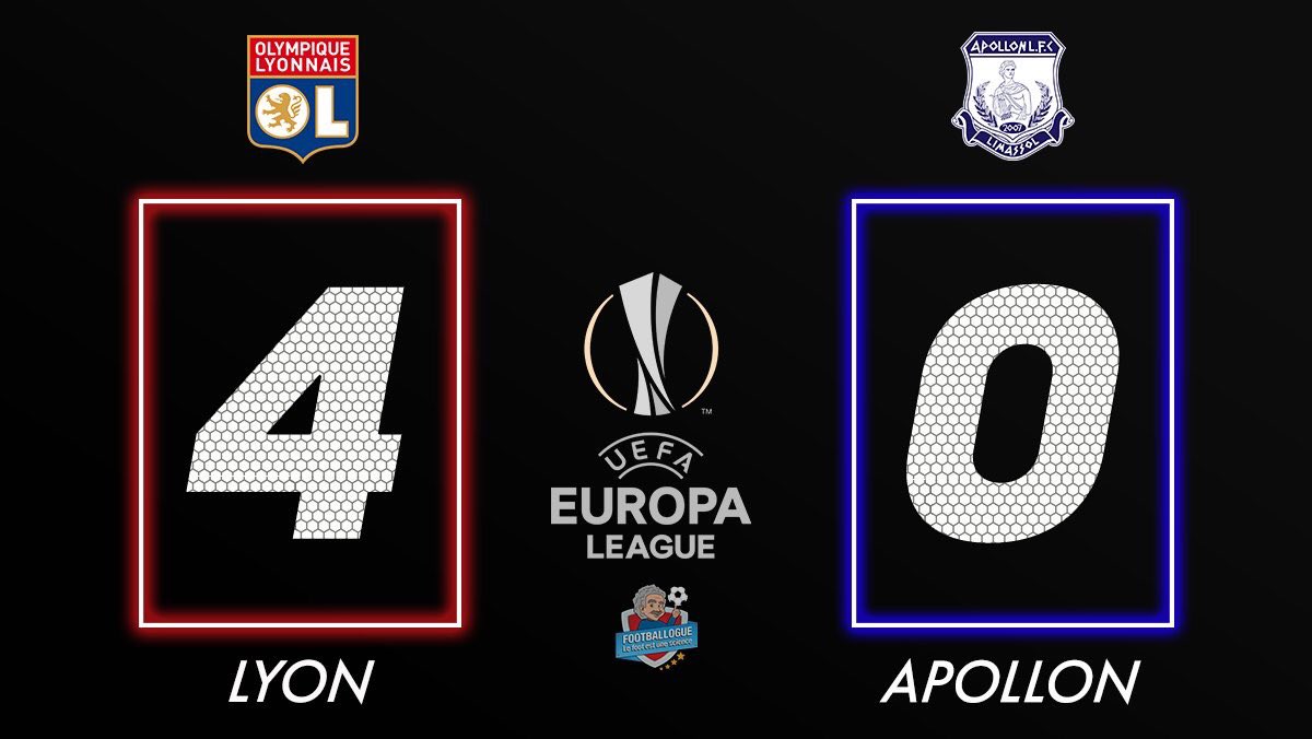 Footballogue's tweet photo. [#UEL🏆] LYON 4-0 APOLLON 

TERMINÉ ! LYON SE QUALIFIE POUR LES 16ÈMES !

#OLAPO https://t.co/RAZvf4cwns